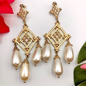 Girandole Rococo Revival Faux Pearl Chandelier Pierced Drop Earrings Gold Tone